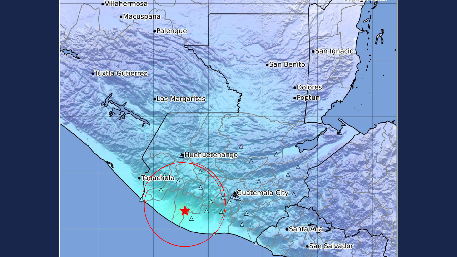 Mapa que muestra el epicentro y la magnitud del sismo registrado el 8 de marzo de 2026 frente a la costa de Suchitepéquez.