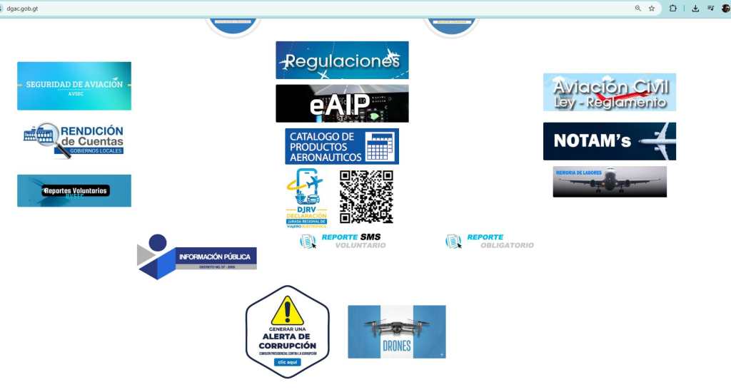 Captura de pantalla de la sección de drones en el sitio oficial de la Dirección General de Aeronáutica Civil de Guatemala con información sobre registro y permisos.