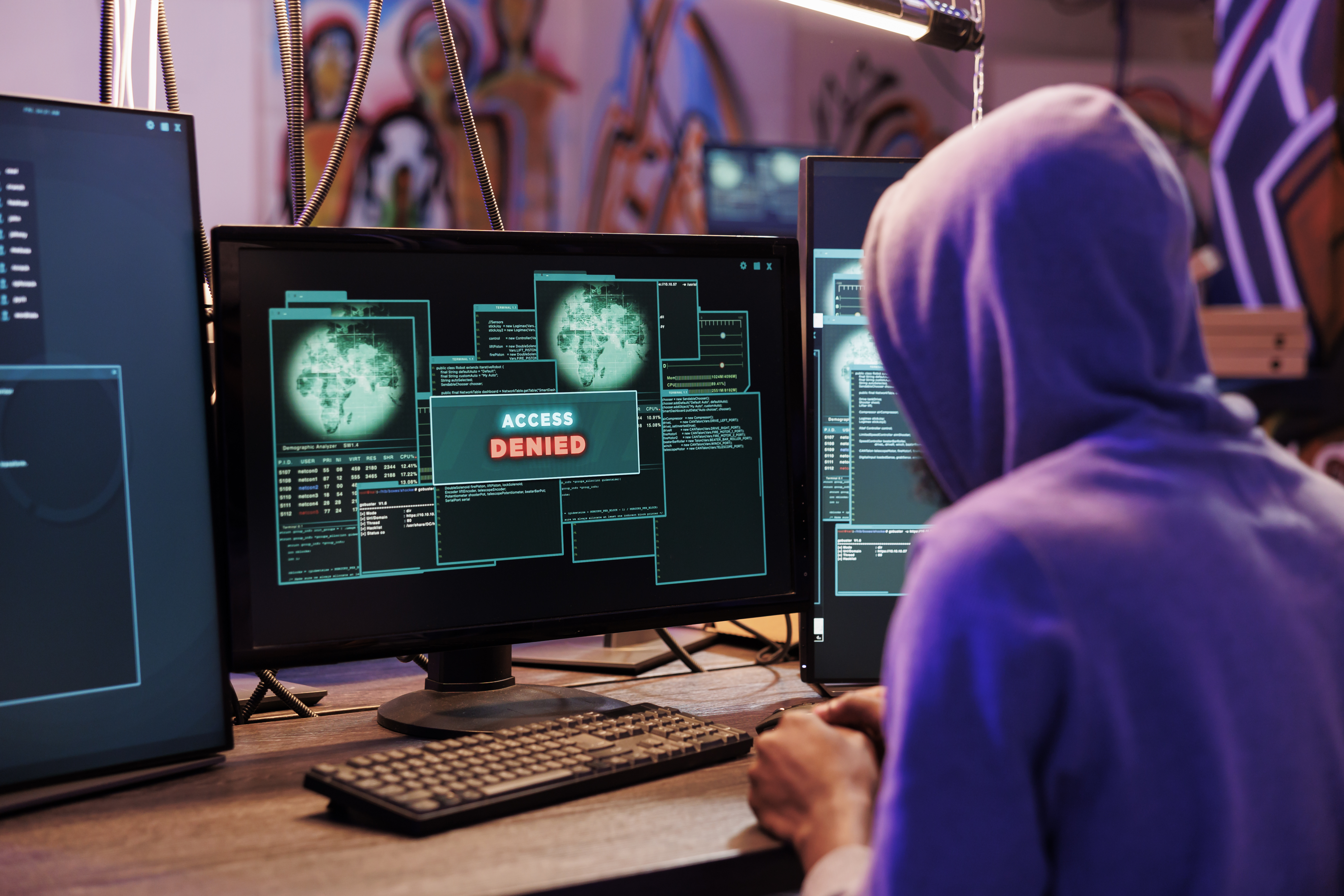 Criminal attempting to hack computer system and getting access denied. Hacker breaking into online server unsuccessfully while doing illegal activity in abandoned warehouse