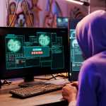 Criminal attempting to hack computer system and getting access denied. Hacker breaking into online server unsuccessfully while doing illegal activity in abandoned warehouse