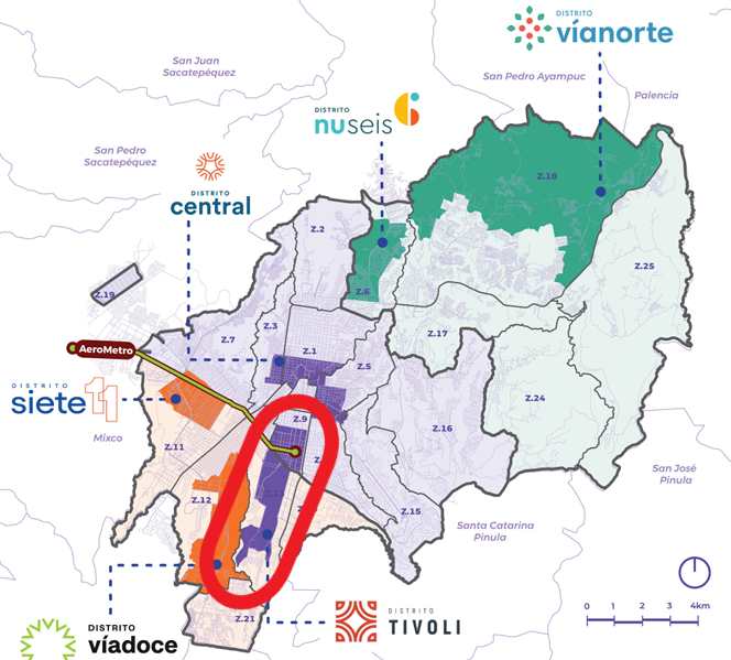 Mapa de los distritos de oportunidad de la Ciudad de Guatemala; en rojo se destaca el Distrito Tívoli, uno de los dos distritos que tendrá conexión directa con el AeroMetro. (Foto, Prensa Libre: cortesía MuniGuate)
