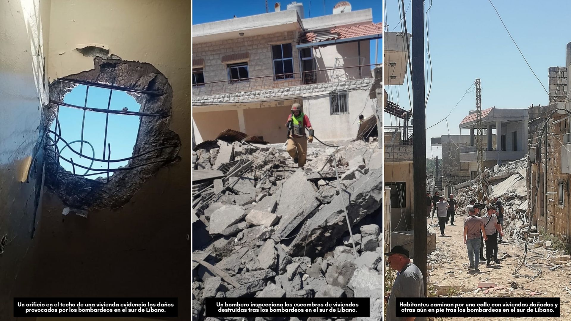 Las imágenes, compartidas por la guatemalteca María de León, muestran algunos de los daños provocados por los bombardeos en el sur de Líbano, donde viviendas quedaron destruidas, techos perforados y calles cubiertas de escombros mientras los habitantes intentan continuar con su vida cotidiana.
