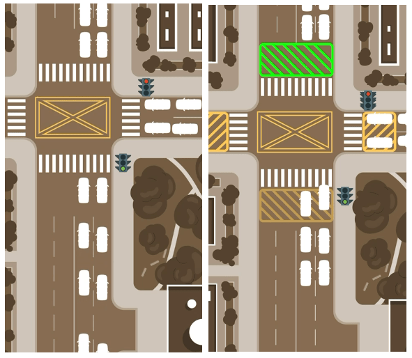 En la imagen de la izquierda se ejemplifica una calle sin bahía antibloqueo. En la fotografía de la derecha se observa la bahía antibloqueo ubicada antes del paso de cebra. (Foto, cortesía Emetra)