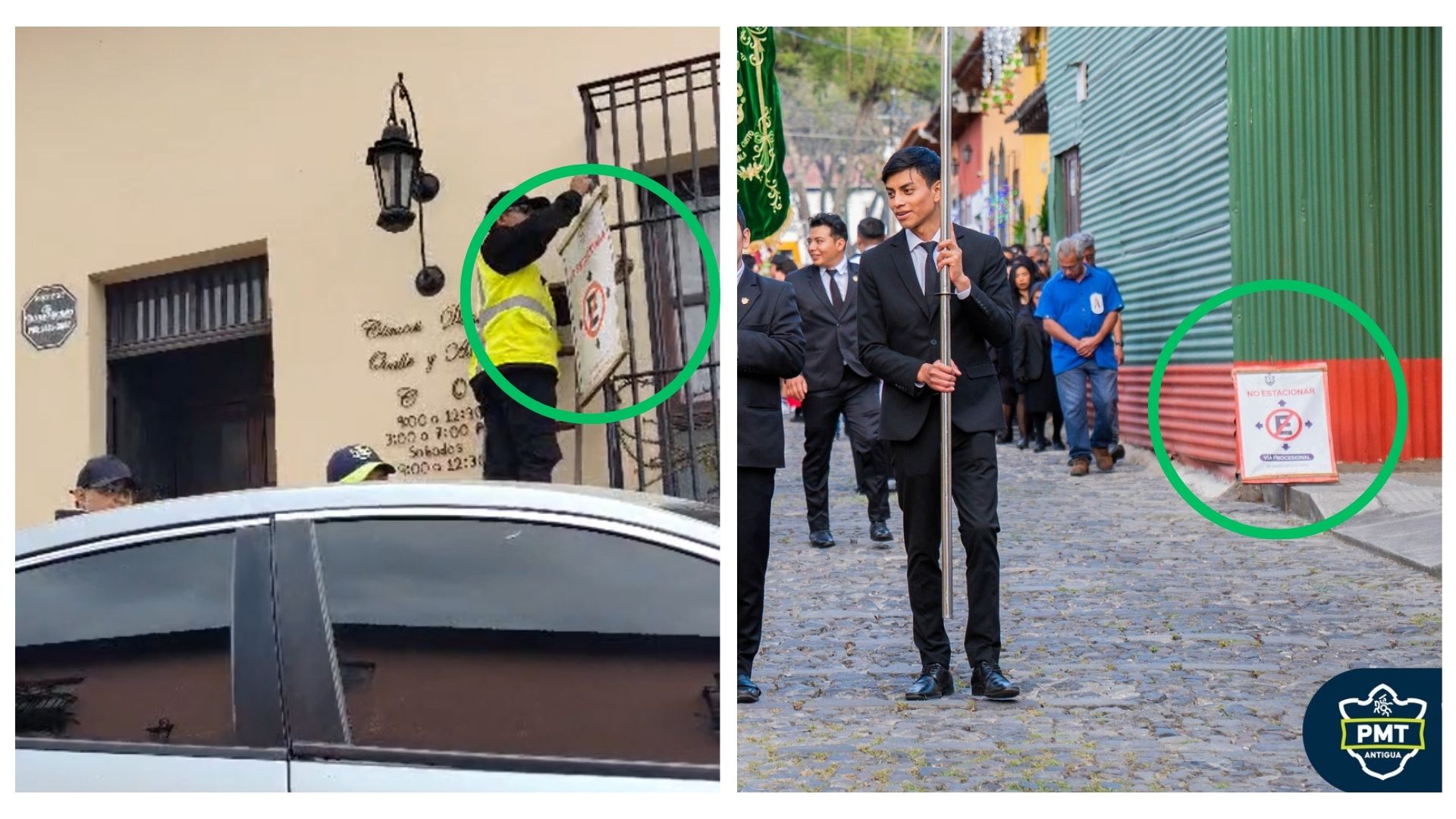Los rótulos de no estacionar en La Antigua Guatemala varían según el día: los colocados en el suelo indican restricción los sábados, mientras los colgados en balcones o postes aplican los domingos. (Foto, Prensa Libre: Glenda Burrión/cortesía PMT Antigua)