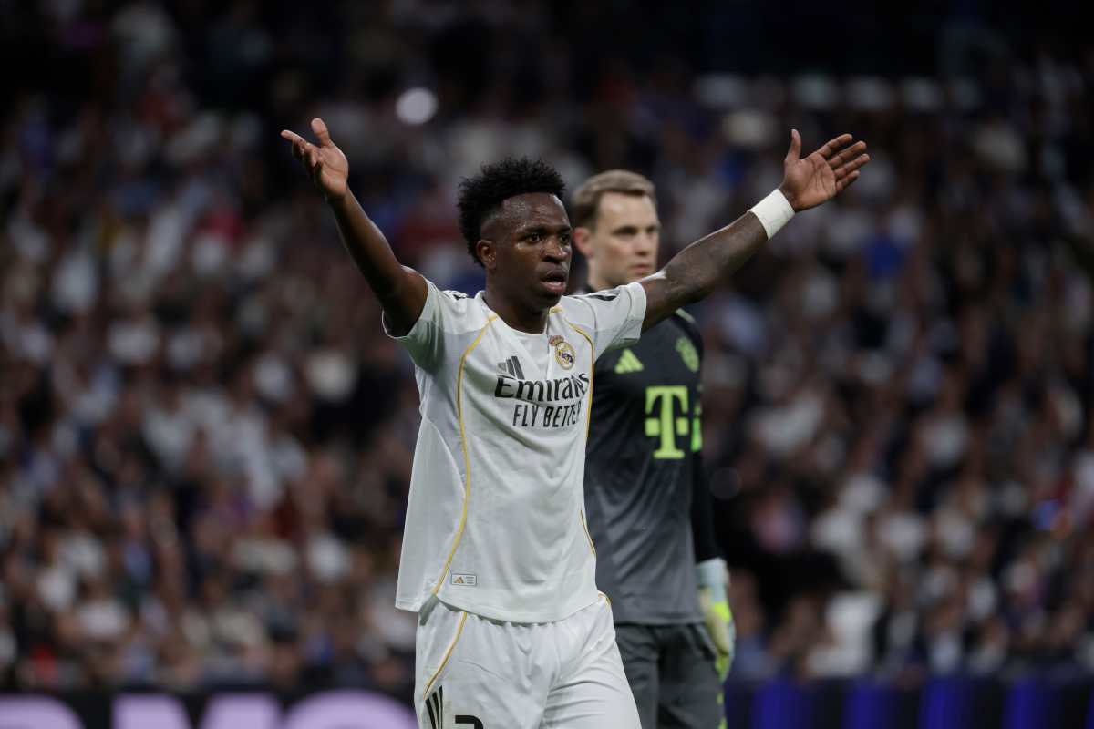MADRID, 07/04/2026.- El delantero del Real Madrid Vinicius Junior, durante el partido de ida de los cuartos de final de la Liga de Campeones que Real Madrid y Bayern Munich disputan este martes en el estadio Santiago Bernabéu. EFE/Juanjo Martín