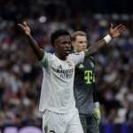 MADRID, 07/04/2026.- El delantero del Real Madrid Vinicius Junior, durante el partido de ida de los cuartos de final de la Liga de Campeones que Real Madrid y Bayern Munich disputan este martes en el estadio Santiago Bernabéu. EFE/Juanjo Martín