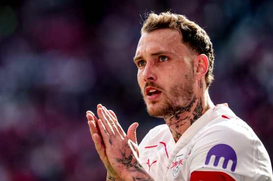 Leipzig (Germany), 11/04/2026.- David Raum of RB Leipzig reacts during the German Bundesliga soccer match between RB Leipzig and Borussia Moenchengladbach in Leipzig, Germany, 11 April 2026. (Alemania) EFE/EPA/FILIP SINGER The DFL regulations prohibit any use of photographs as image sequences and/or quasi-video