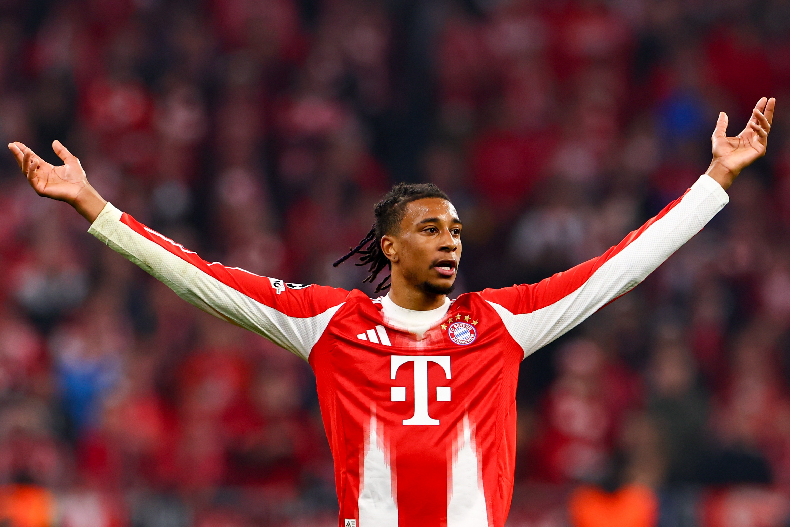 MUNICH (Germany), 15/04/2026.- Michael Olise of Bayern Munich gestures during the UEFA Champions League quarter-finals, 2nd leg match FC Bayern Munich against Real Madrid, in Munich, Germany, 15 April 2026. (Liga de Campeones, Alemania) EFE/EPA/ANNA SZILAGYI