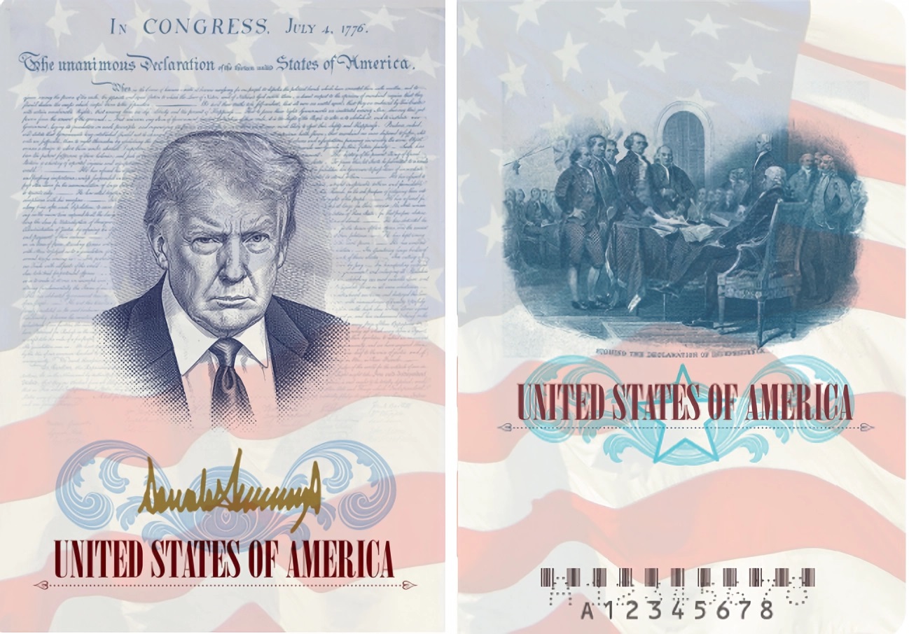 USA296. WASHINGTON (ESTADOS UNIDOS), 28/04/2026.- Fotografía divulgada este martes por el Departamento de Estado de Estados Unidos que muestra dos páginas de un pasaporte, en una aparece el rostro del presidente Donald Trump enmarcado por la Declaración de Independencia y la bandera estadounidense, junto con su firma en color dorado; y en la otra página muestra a los Padres Fundadores firmando la declaración. El Departamento de Estado de EE.UU. prepara nuevos diseños de pasaportes para conmemorar el 250 aniversario de la independencia del país, con una edición limitada que incluirá la imagen de Trump, informó la cadena Fox. EFE/ Departamento de Estado EEUU /SOLO USO EDITORIAL/ NO VENTAS/ SOLO DISPONIBLE PARA ILUSTRAR LA NOTICIA QUE ACOMPAÑA (CRÉDITO OBLIGATORIO)