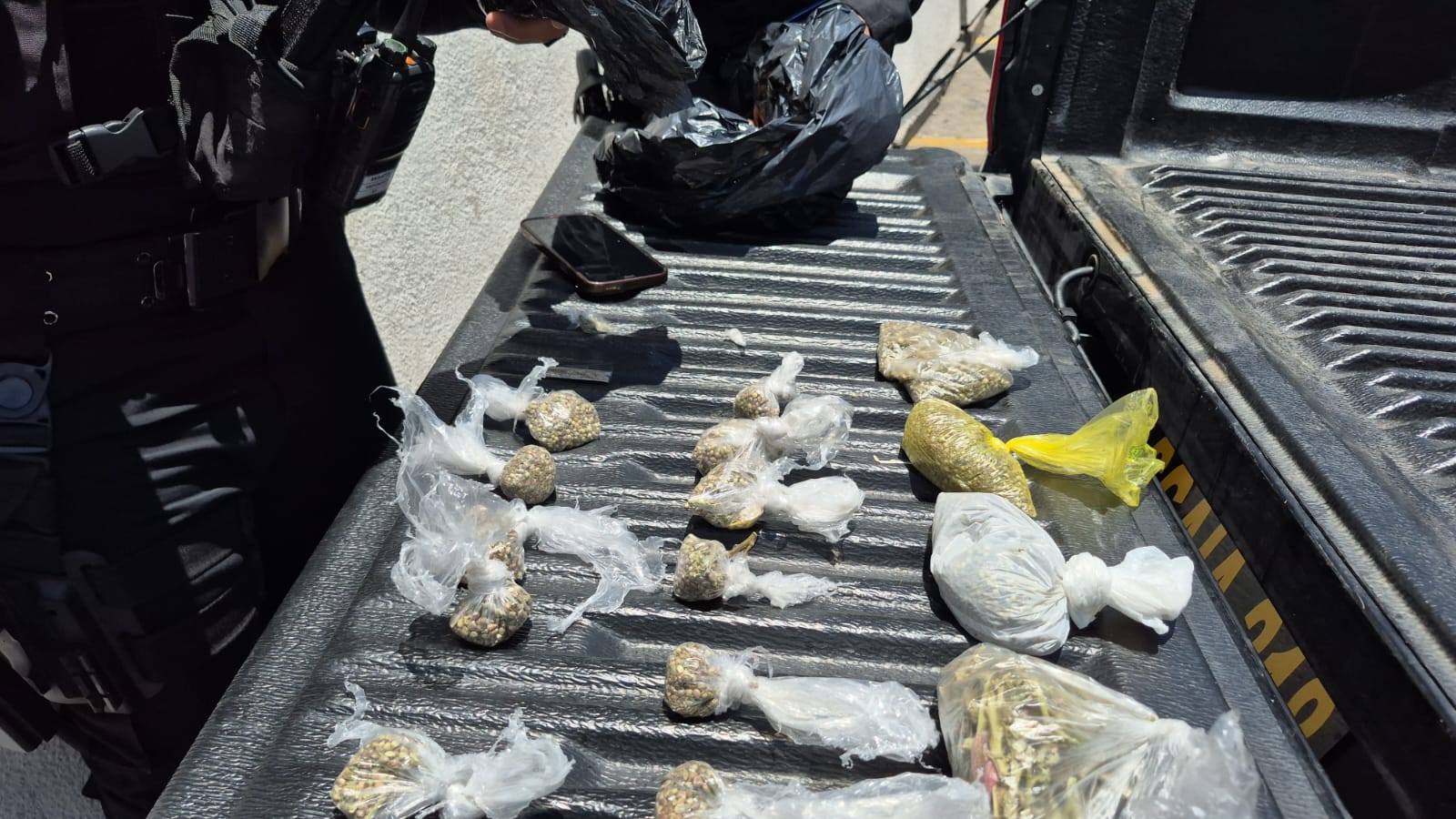 Bolsas con semillas de marihuana incautadas durante el operativo en la zona 18. (Foto Prensa Libre: PNC)