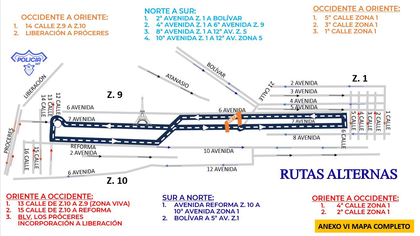 Mapa muestra el recorrido de la carrera 10K nocturna y los tramos con cierres viales en zonas 1, 4 y 9, donde la PMT recomienda utilizar rutas alternas para evitar congestionamientos. (Foto Prensa Libre: PMT)