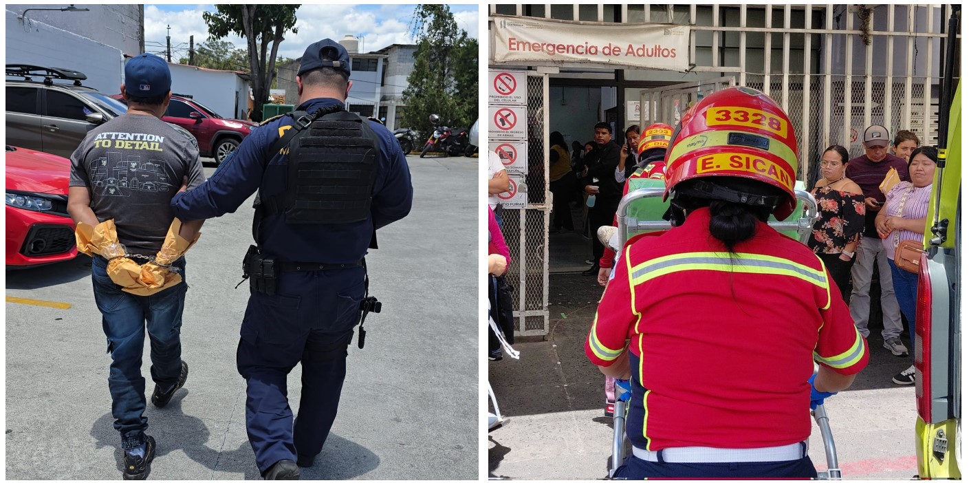 El detenido es trasladado por agentes de la PNC, mientras la víctima es llevada al Hospital General San Juan de Dios tras el ataque armado en Mixco. (Fotos Prensa Libre: PNC y CBM) 