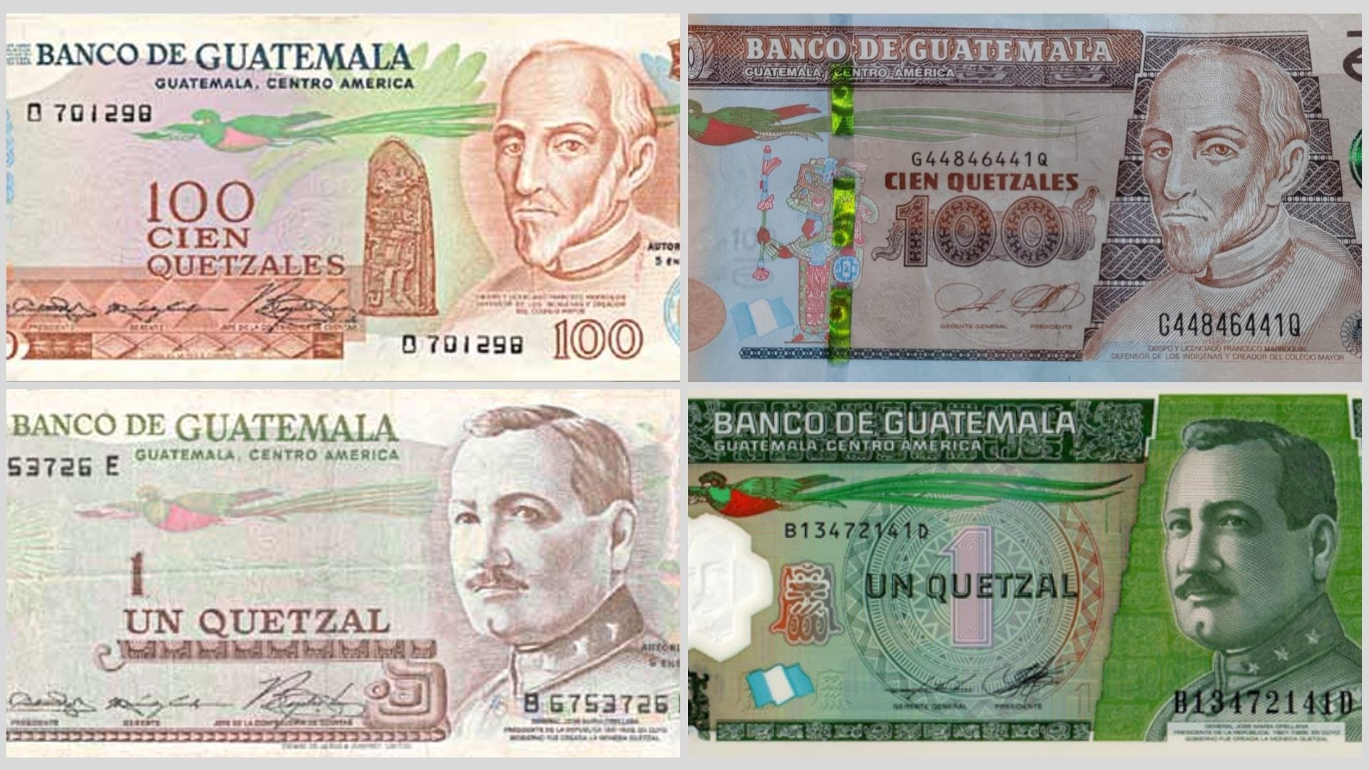 A la izquierda, primeras emisiones de billetes tras la reforma monetaria de 1968; a la derecha, versiones más recientes de los billetes de Q1 y Q100. (Foto, Prensa Libre Banguat/Glenda Burrión)