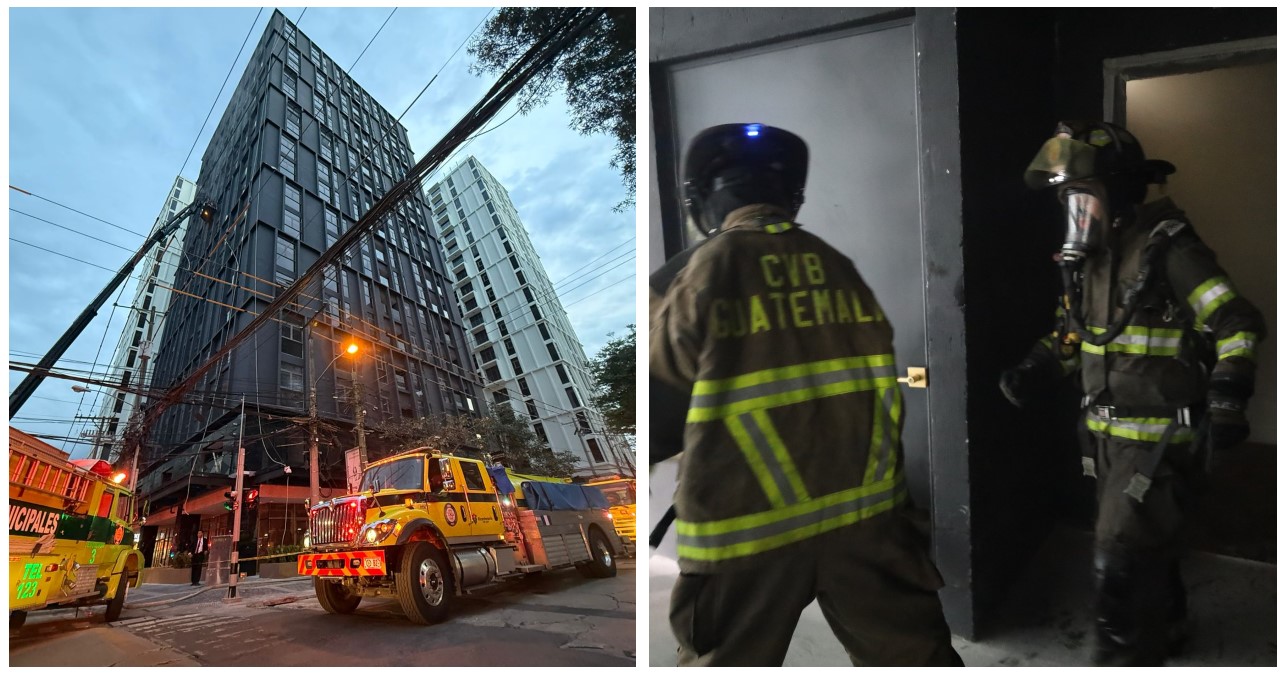 Bomberos Municipales y Voluntarios combaten el incendio en los niveles altos del edificio en construcción en la zona 10. (Foto Prensa Libre: CBM y CVB)