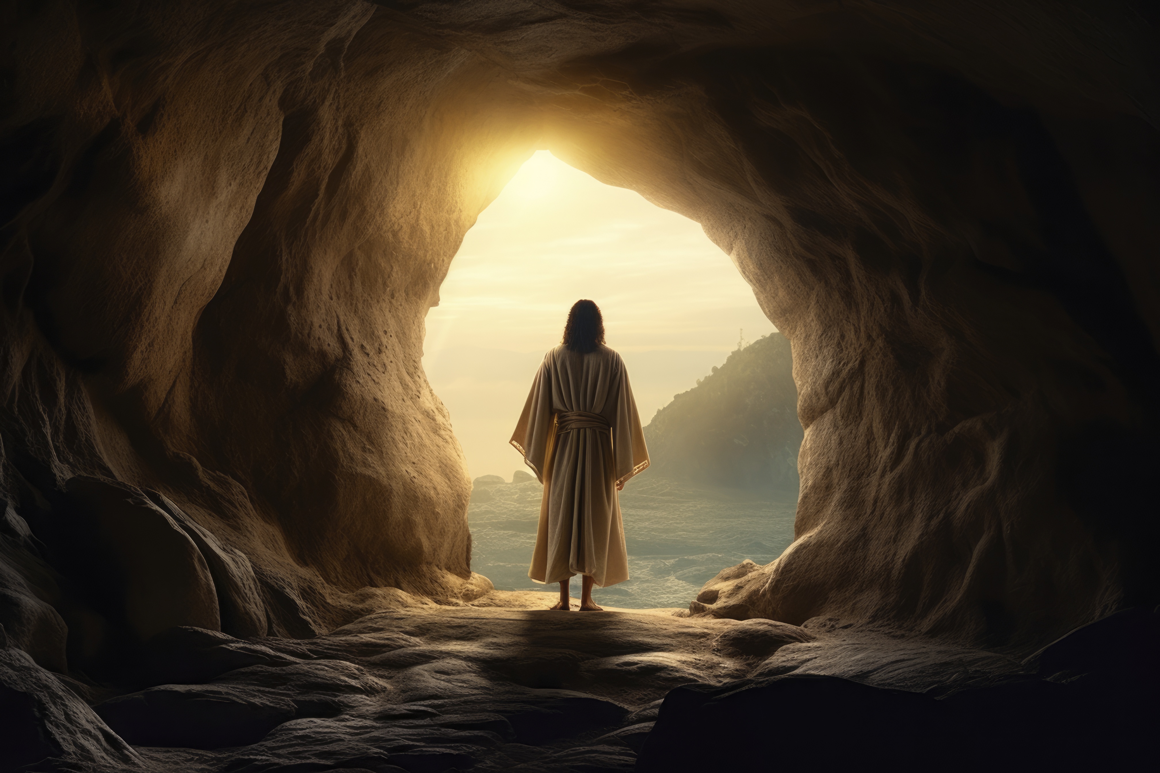 christ person in robe standing at the entrance of the cave, in the style of 8k resolution, realistic landscapes with soft, tonal colors, magewave, light white and yellow, low resolution, passage, honest portrayal --ar 3:2 --style raw --v 5.2 Job ID: 9ec21716-4568-4282-b415-a300f74885e4