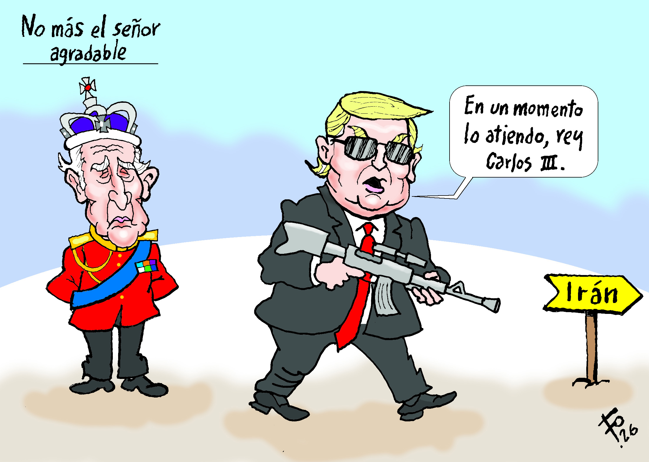 Personajes: Carlos III y Donald Trump.