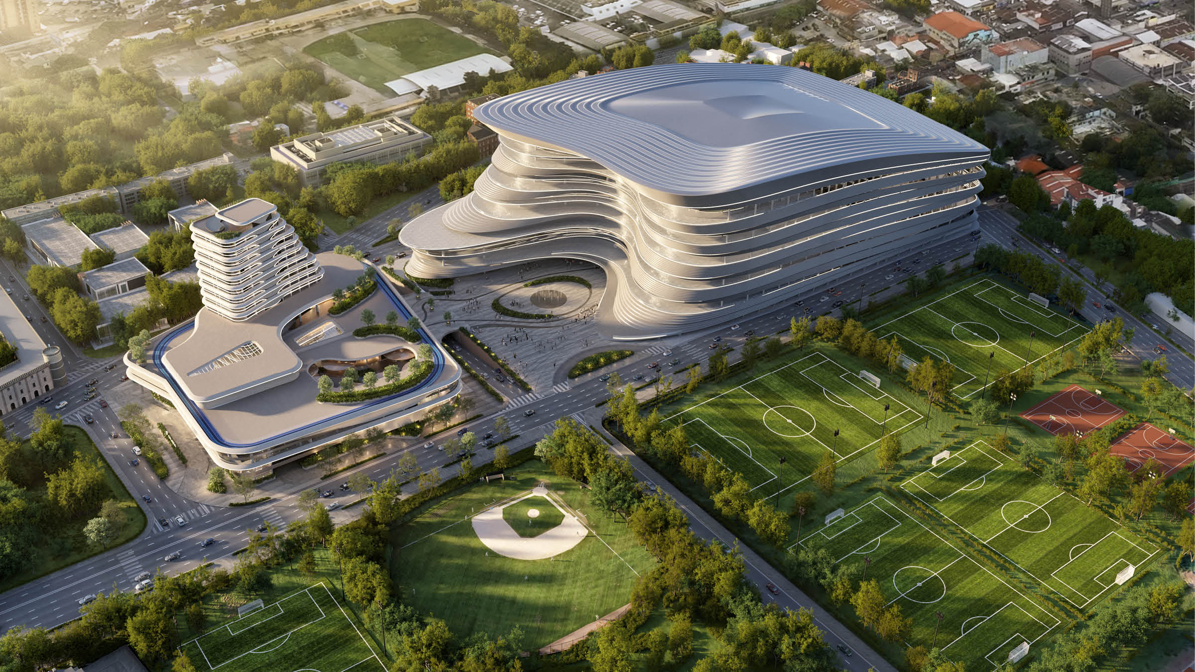Diseño final de Futeca Corporación presentado en abril de 2026, días antes del inicio de la construcción de Distrito Futeca. Según sus directivos, la propuesta incorpora ideas y aprendizajes de 16 recintos deportivos, de convenciones y espacios multipropósito visitados durante su gira técnica internacional. (Foto, Prensa Libre: cortesía Futeca Corporación)