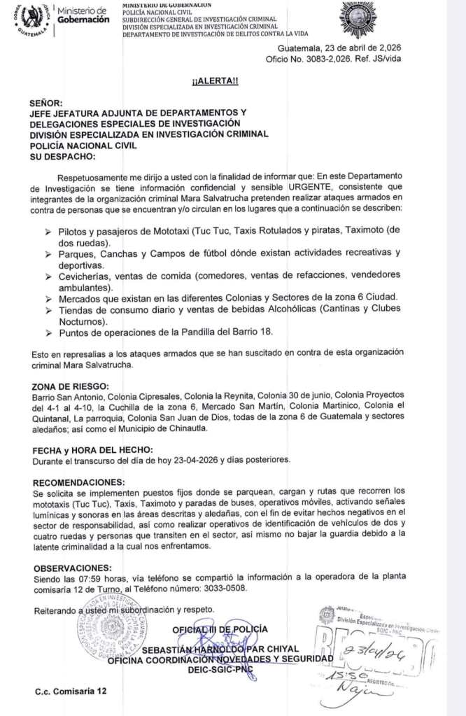 PNC alerta ataques armados Mara Salvatrucha