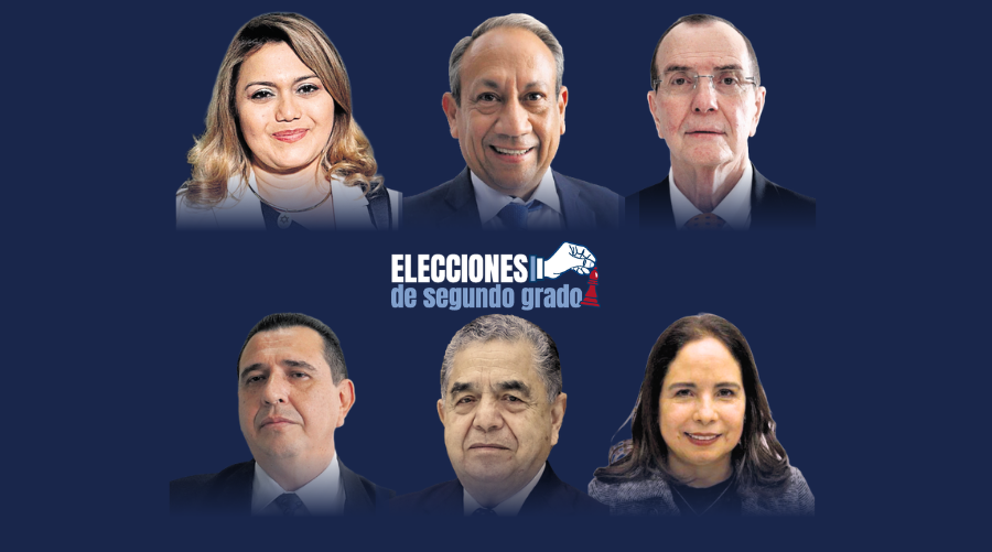 Los seis aspirantes que integran la nómina final para fiscal general, definidos por la Comisión de Postulación tras el proceso de evaluación y votación. (Foto Prensa Libre: composición propia)