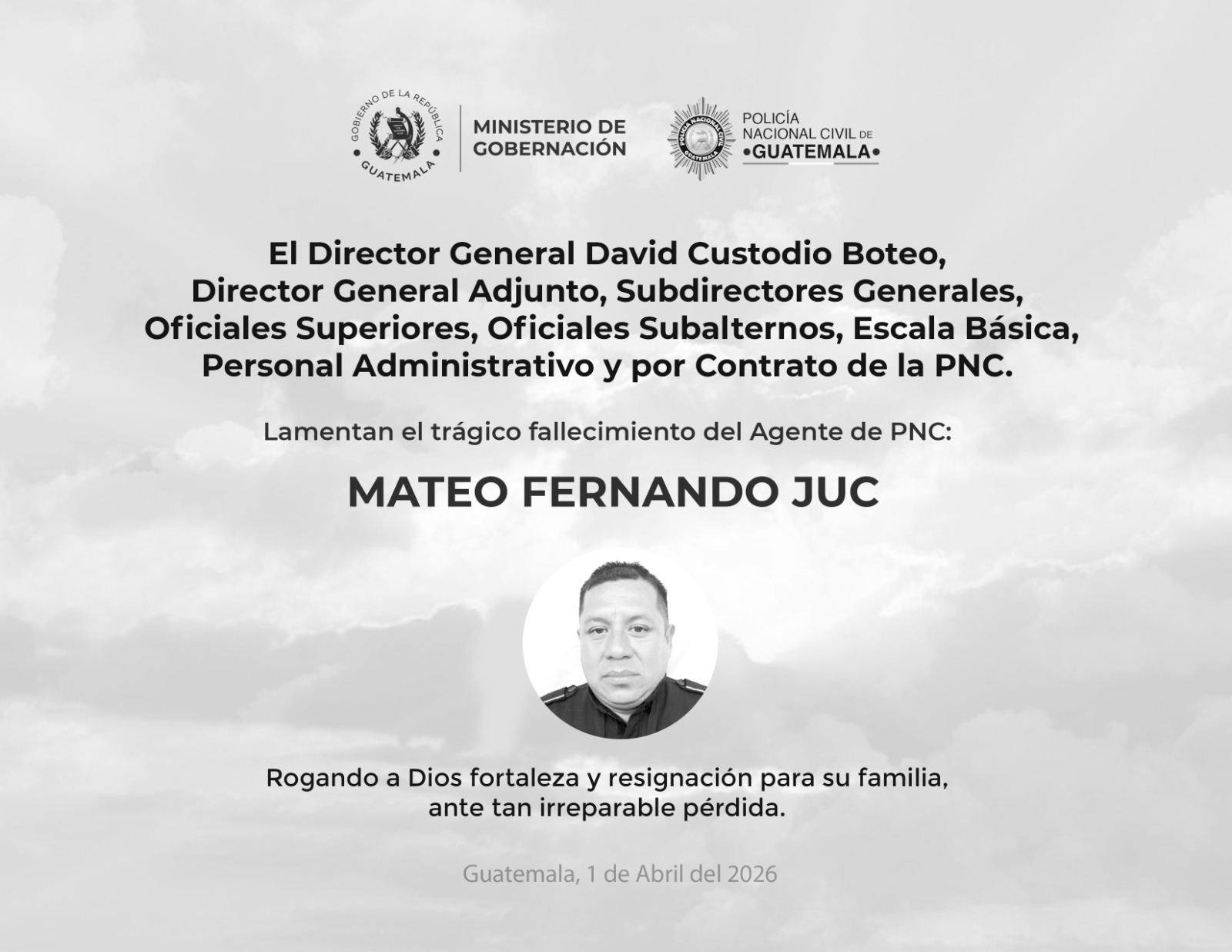 La PNC confirma el fallecimiento del agente Mateo Fernando Juc mediante una esquela publicada en sus canales oficiales. (Foto Prensa Libre: PNC)