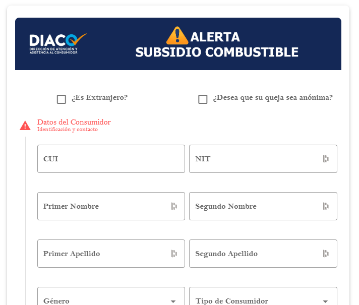 Screenshot of the Diaco form to report improper fuel charges, that is, prices that do not comply with the reference rates published by the MEM. (Photo, Prensa Libre: screenshot diaco.gob.gt)