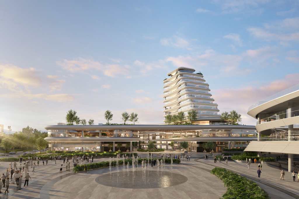 Render of the central plaza of Distrito Futeca shows the open space that will connect the forum, the shopping center and the hotel, designed for cultural activities, events and coexistence.