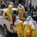 Bunia (Congo, The Democratic Republic Of The), 23/05/2026.- Health workers wearing full personal protective equipment (PPE) prepare to transport the body of an Ebola victim for a safe burial at Sofepadi Hospital in Bunia, Ituri province, Democratic Republic of the Congo, 23 May 2026. The World Health Organization (WHO) recently raised the national risk level of the virus's spread to 'very high' following a surge in cases. The outbreak, officially declared by the DRC Ministry of Health on 15 May, is driven by the Bundibugyo strain of the virus, for which there are currently no approved vaccines or specific therapeutic treatments. EFE/EPA/STRINGER