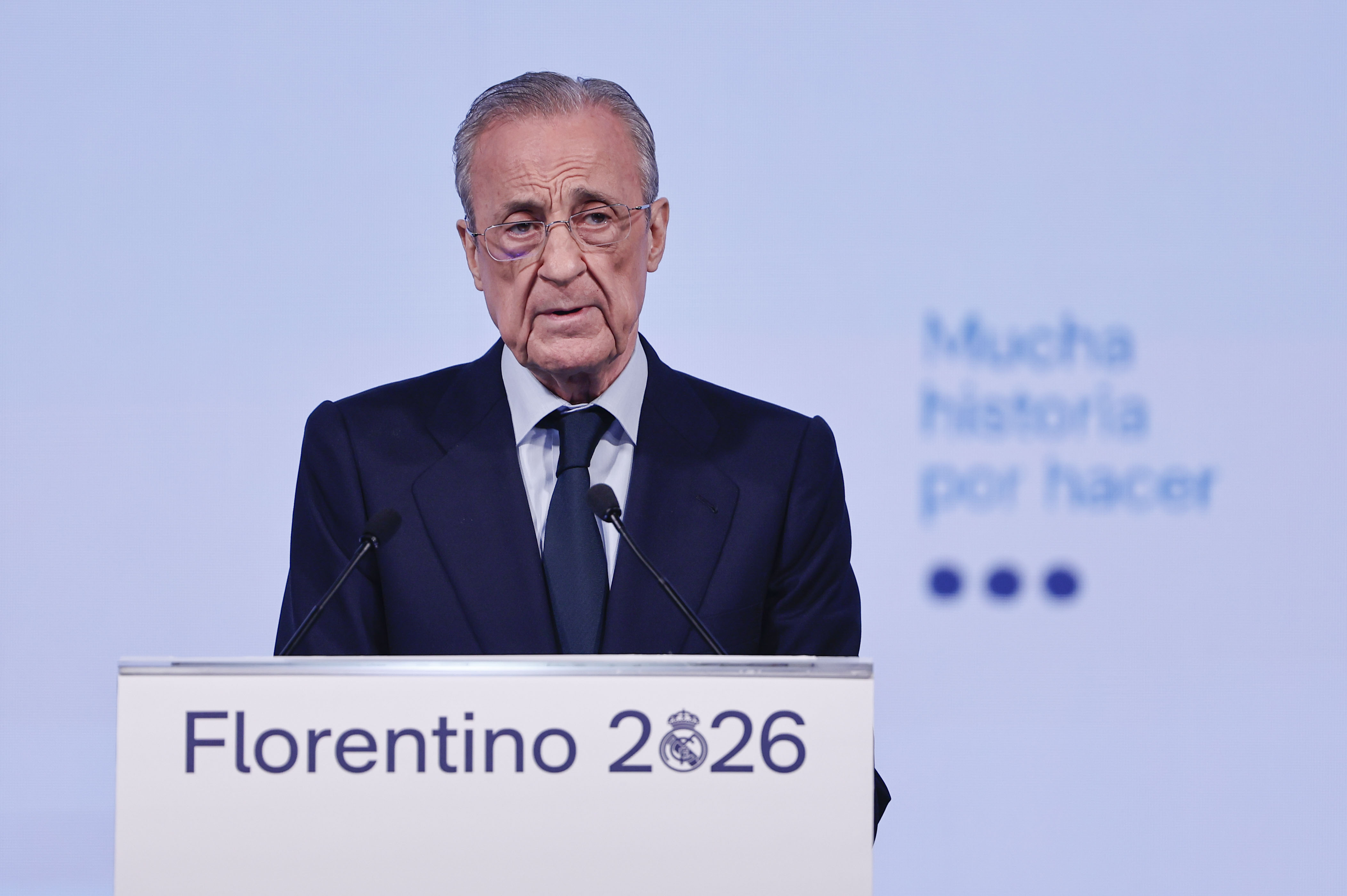 FOTODELDÍA - MADRID, 27/05/2026.- El presidente del Real Madrid Florentino Pérez interviene durante la presentación de su candidatura a las elecciones del club, bajo el lema "Mucha historia por hacer", este miércoles en Madrid.- EFE/Sergio Pérez