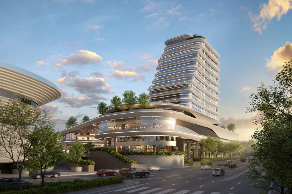 Render of Galería Futeca presents the shopping center and the hotel, which will incorporate a swimming pool at the top of the building. (Photo, Free Press, Courtesy Futeca Corporación)