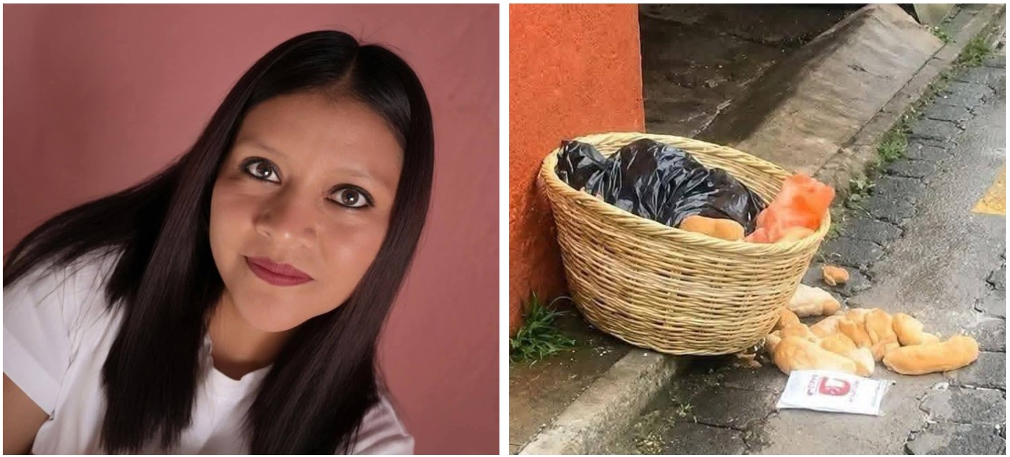 Betsy Lucía Sequen Herrera era maestra municipal y madre de dos hijos. Su muerte causó consternación en Santa Lucía Milpas Altas, Sacatepéquez, donde vecinos exigen justicia por el ataque armado. A la derecha, el canasto con pan abandonado por los presuntos responsables tras el crimen. (Foto Prensa Libre: Tomadas de redes sociales)