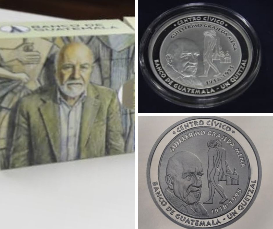 Commemorative coin dedicated to Guillermo Grajeda Mena, inspired by elements of the La Conquista mural, located in the Municipality of Guatemala.