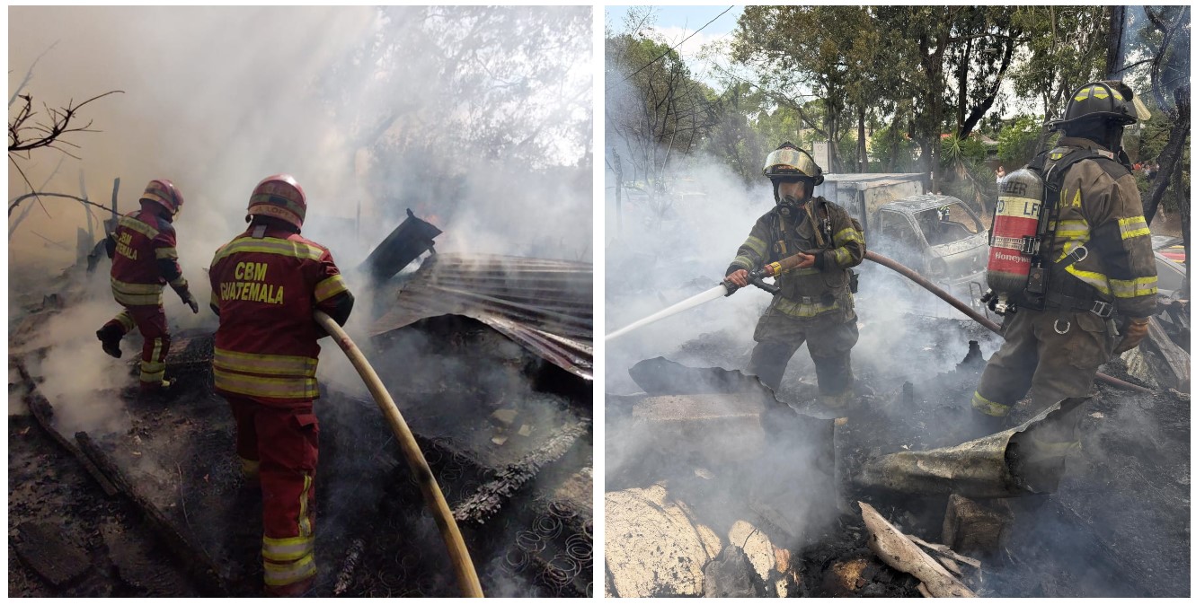 Bomberos Municipales y Voluntarios trabajan para controlar el incendio que destruyó varios vehículos y una vivienda en la colonia Aurora II, zona 13 capitalina. (Foto Prensa Libre: CVB y CBM)