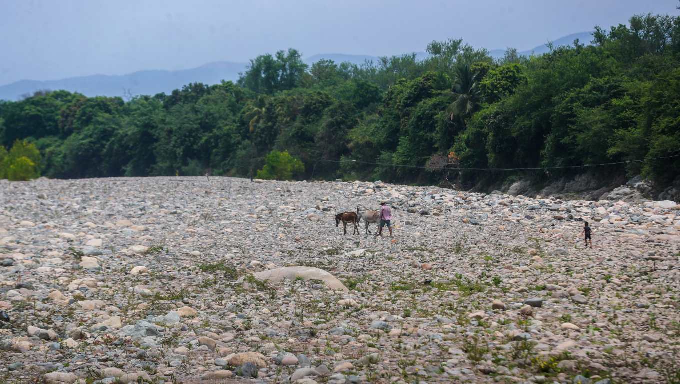 Paisaje desolador en el Río Grande, un padre con su hijo buscan algo de agua para sus mulas, el río muestra sequía en su corriente. (Foto Prensa Libre: Juan Diego González)