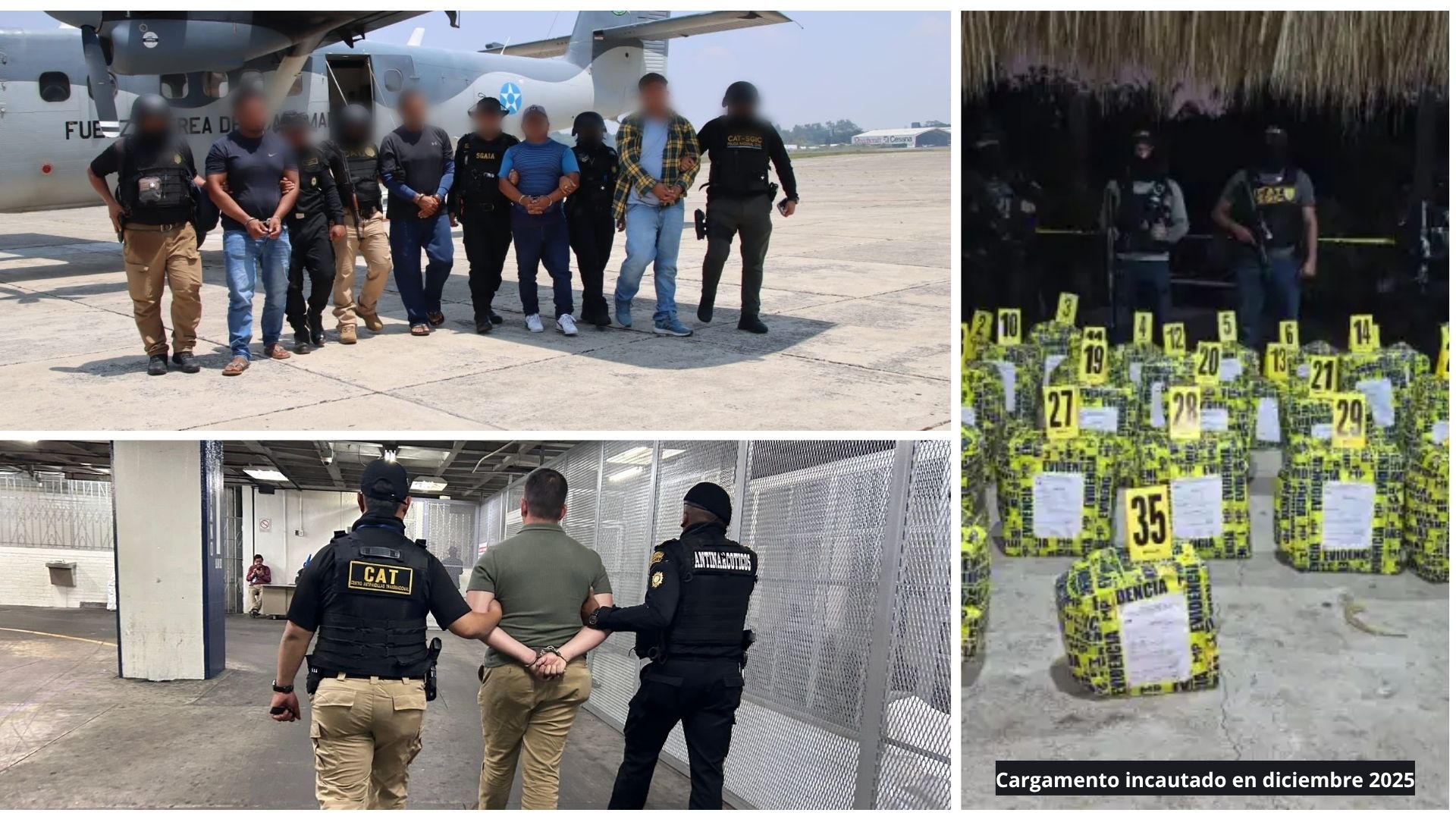 Capturas realizadas este 8 de mayo por el caso “Narco Red del Mar” y, en vertical imagen del decomiso de cocaína ejecutado en diciembre de 2025 durante un operativo vinculado a la misma estructura criminal en Escuintla. (Foto, Prensa Libre: cortesía PNC)