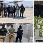 Capturas realizadas este 8 de mayo por el caso “Narco Red del Mar” y, en vertical imagen del decomiso de cocaína ejecutado en diciembre de 2025 durante un operativo vinculado a la misma estructura criminal en Escuintla. (Foto, Prensa Libre: cortesía PNC)