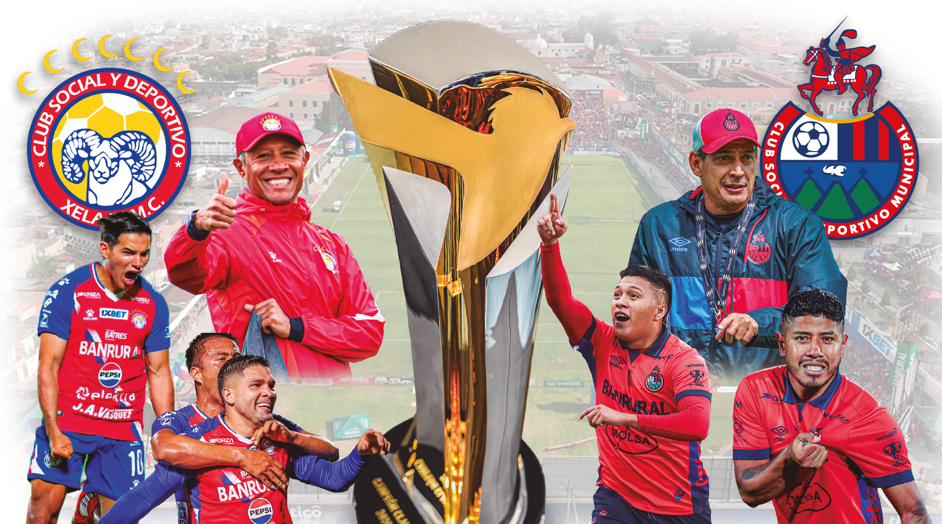 Xelajú y Municipal definen esta noche al campeón nacional en el estadio Mario Camposeco (fotoarte: Prensa Libre).