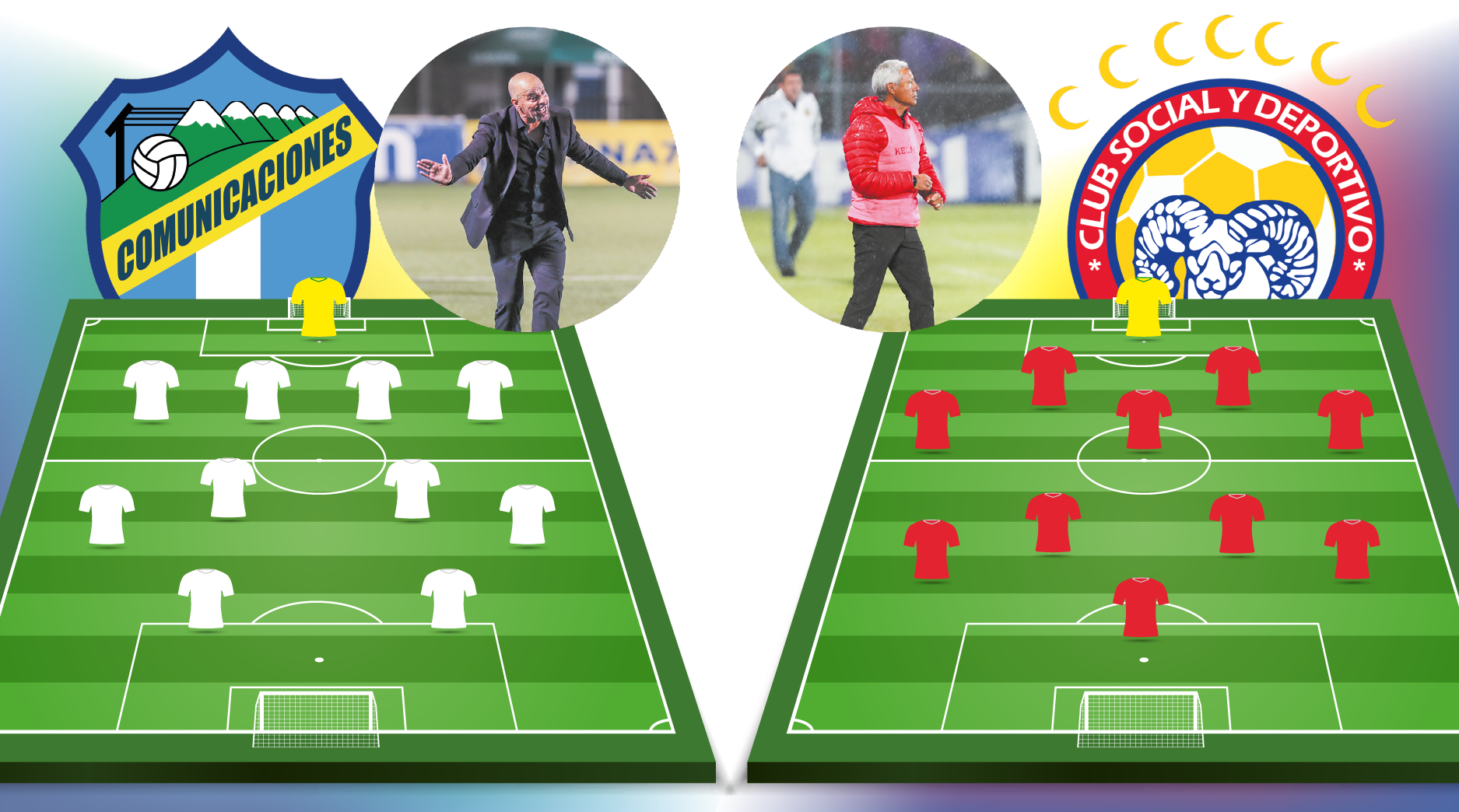 Comunicaciones y Xelajú juegan esta noche el partido de ida de las semifinales del Clausura 2026. (Arte: David Morales/PL).