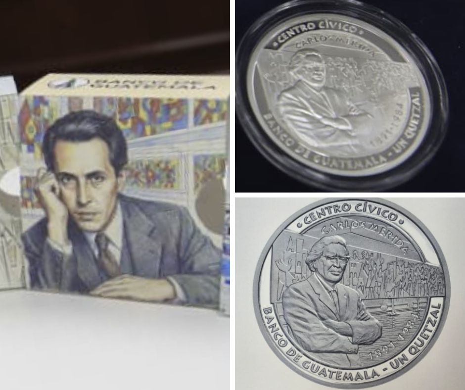 Commemorative coin dedicated to Carlos Mérida, with a design inspired by the Social Security mural and its characteristic geometric style.