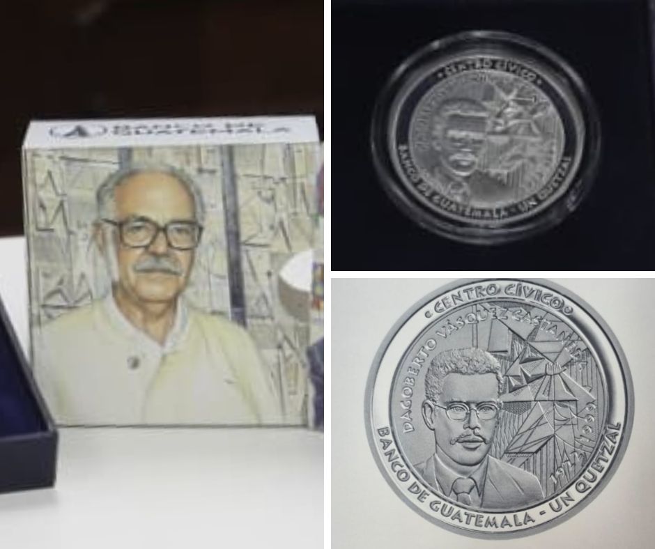 Commemorative coin dedicated to Dagoberto Vásquez Castañeda, inspired by the Economy and Culture mural of the Bank of Guatemala.