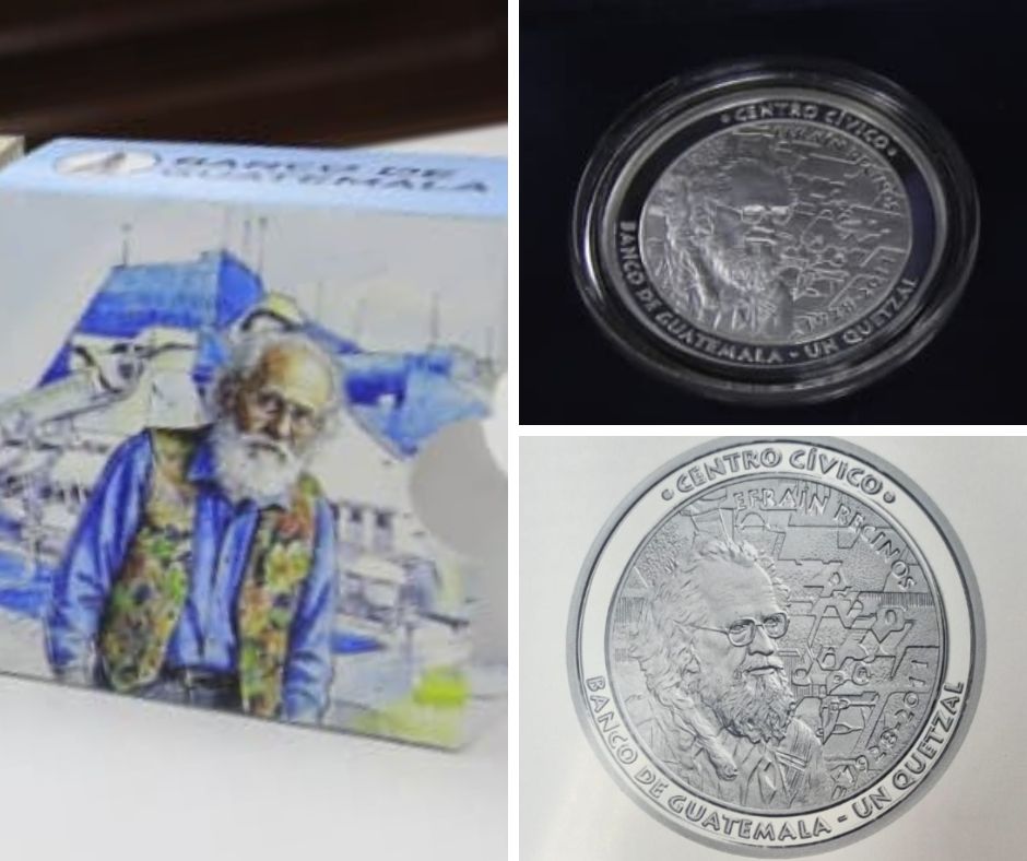Commemorative coin in tribute to Efraín Recinos, based on fragments of the mural Culture, Agriculture, Savings, Industry, Exchange and Barter.