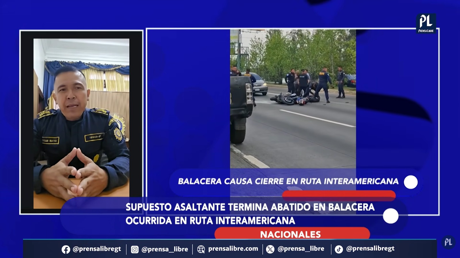 Una persecución y un intercambio de disparos entre agentes de la Policía Nacional Civil (PNC) y dos presuntos motoladrones en el kilómetro 19 de la ruta Interamericana, en Mixco, dejó dos sospechosos fallecidos, un automovilista herido y complicaciones en el tránsito hacia occidente.