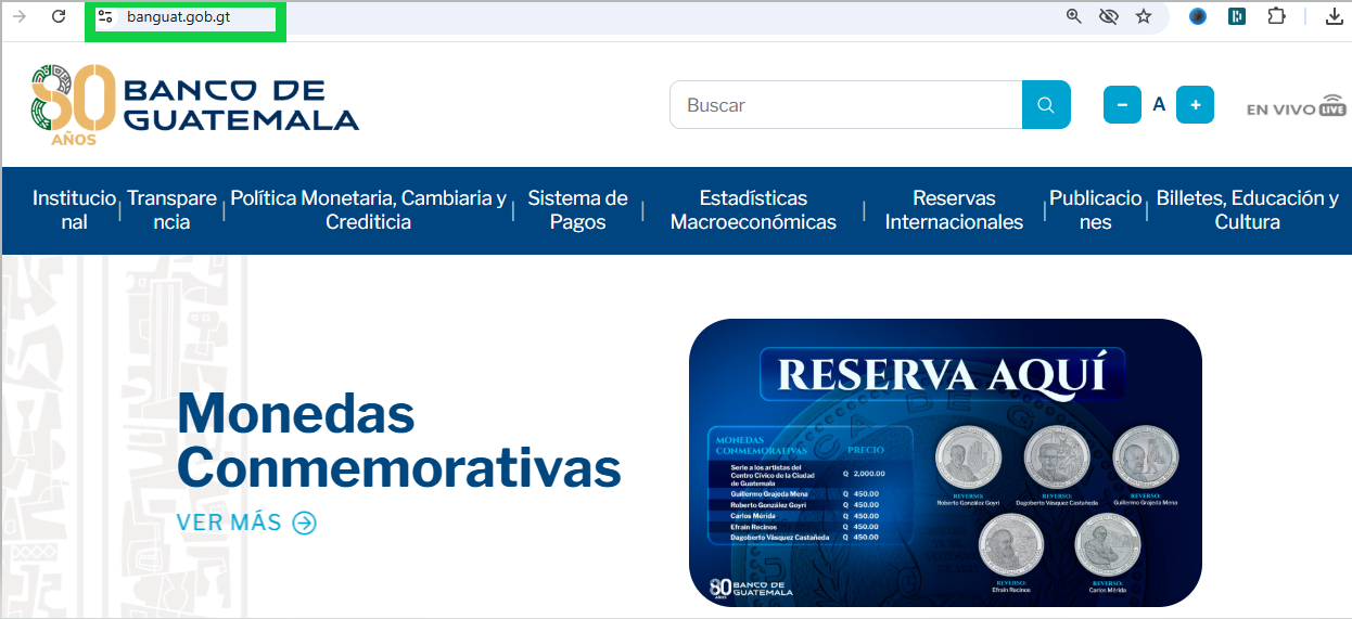El formulario para reservar las Monedas Conmemorativas del Centro Cívico está disponible exclusivamente en el sitio web oficial del Banco de Guatemala: www.banguat.gob.gt. (Foto, Prensa Libre: Captura de Pantalla)