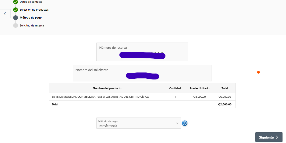 El paso 4 del formulario de reserva de las Monedas Conmemorativas del Centro Cívico permite seleccionar el método de pago: efectivo, transferencia bancaria o cheque. (Foto, Prensa Libre: Captura de Pantalla)
