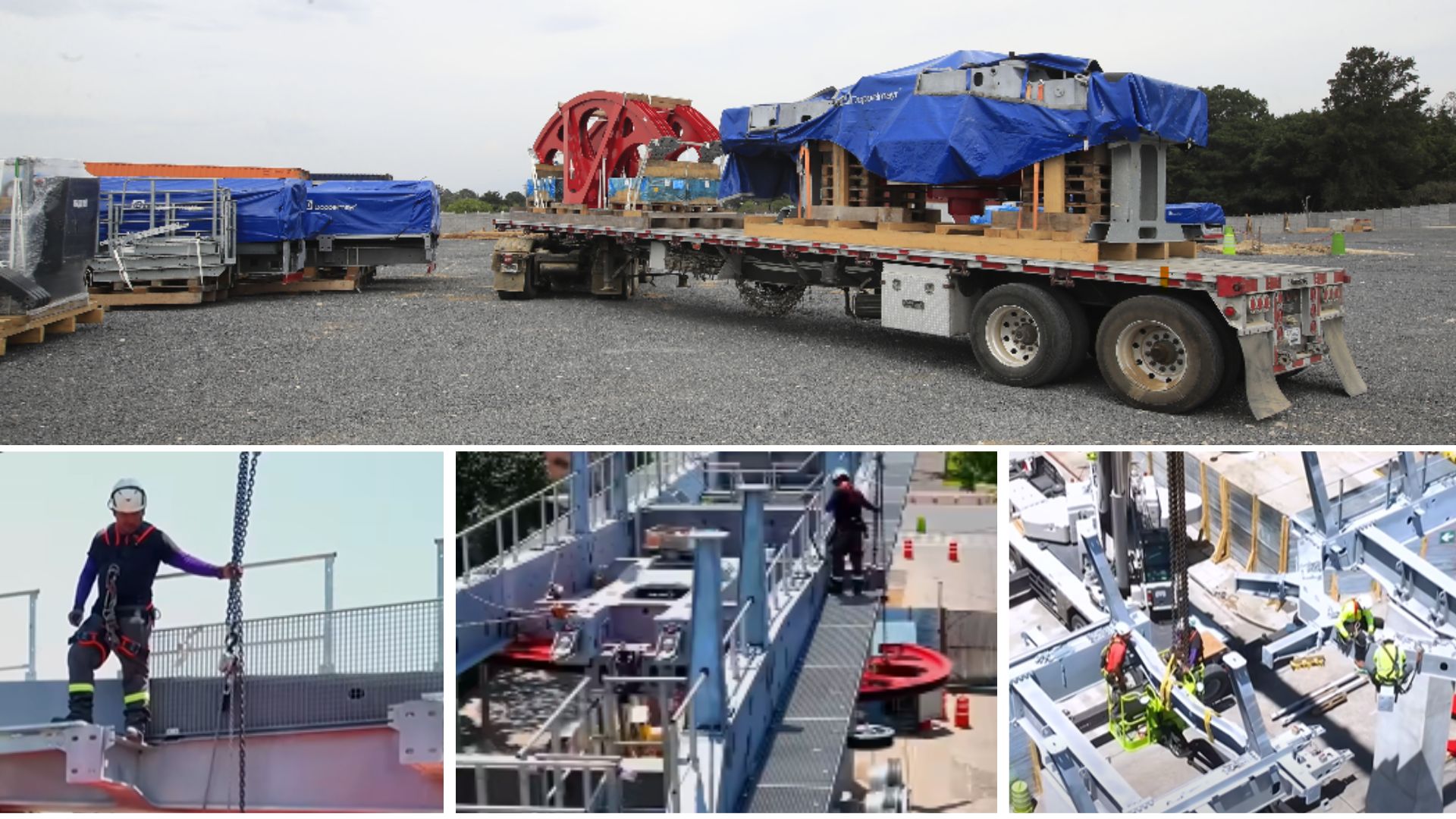 Un camión transporta componentes hacia las estaciones Montúfar y Tecún Umán. La pieza roja forma parte del sistema que permitirá a las cabinas del AeroMetro cambiar de dirección al llegar a cada estación. (Foto, Prensa Libre: CableVía, AeroMetro, Javier González)