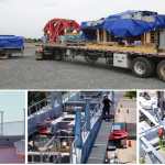Un camión transporta componentes hacia las estaciones Montúfar y Tecún Umán. La pieza roja forma parte del sistema que permitirá a las cabinas del AeroMetro cambiar de dirección al llegar a cada estación. (Foto, Prensa Libre: CableVía, AeroMetro, Javier González)