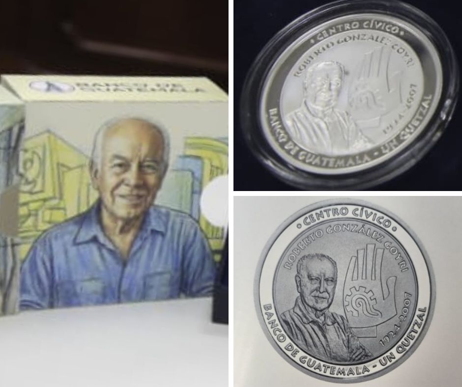 Commemorative coin in honor of Roberto González Goyri, with details based on the Guatemalan Nationality mural of the IGSS.