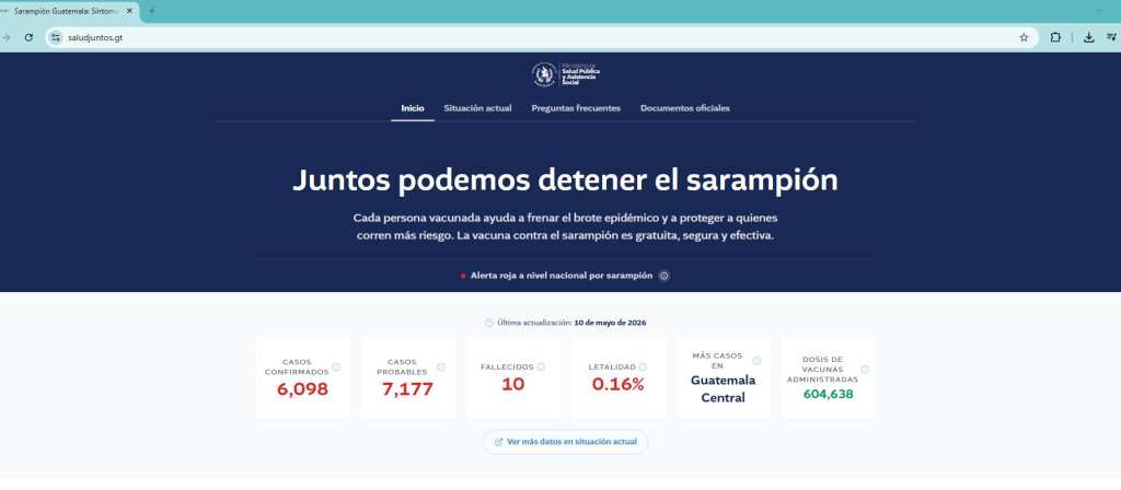 Captura del sitio web con datos sobre la campaña de vacunación contra el sarampión y el brote registrado en Guatemala