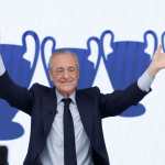 MADRID, 08/06/2026.- Florentino Pérez ha sido reelegido como presidente del Real Madrid, tras superar en las elecciones al otro candidato, Enrique Riquelme, según anunció Real Madrid TV, antes de facilitar los resultados oficiales, este domingo en Madrid. EFE/Juanjo Martín
