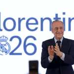 MADRID, 08/06/2026.- Florentino Pérez ha sido reelegido como presidente del Real Madrid, tras superar en las elecciones al otro candidato, Enrique Riquelme, según anunció Real Madrid TV, antes de facilitar los resultados oficiales, este domingo en Madrid. EFE/Juanjo Martín