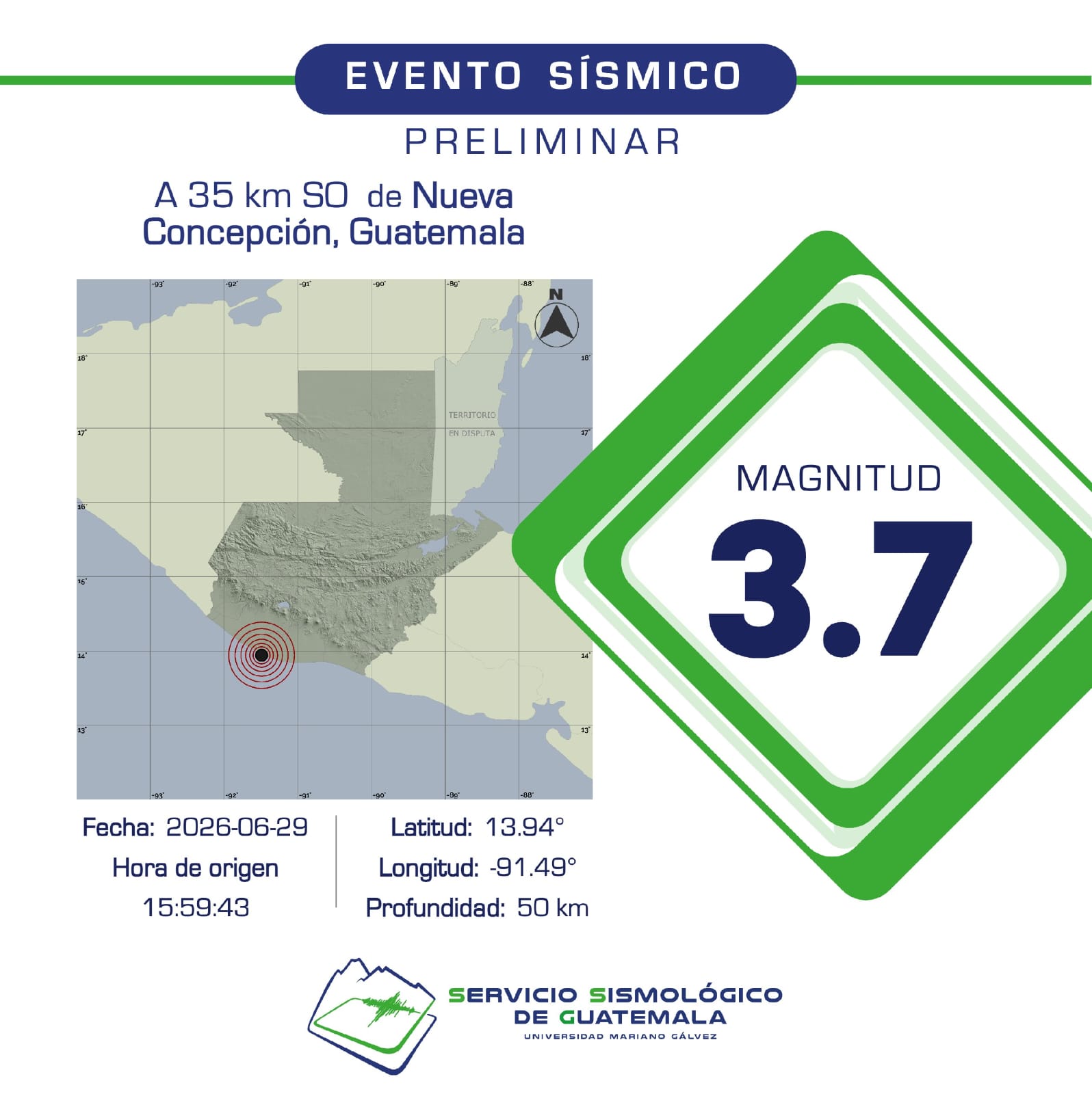 El Servicio Sismológico de Guatemala ubica el epicentro de un sismo de magnitud 3.7 a 35 kilómetros al suroeste de Nueva Concepción, Escuintla. El reporte es preliminar. (Foto Prensa Libre: El Servicio Sismológico de Guatemala)